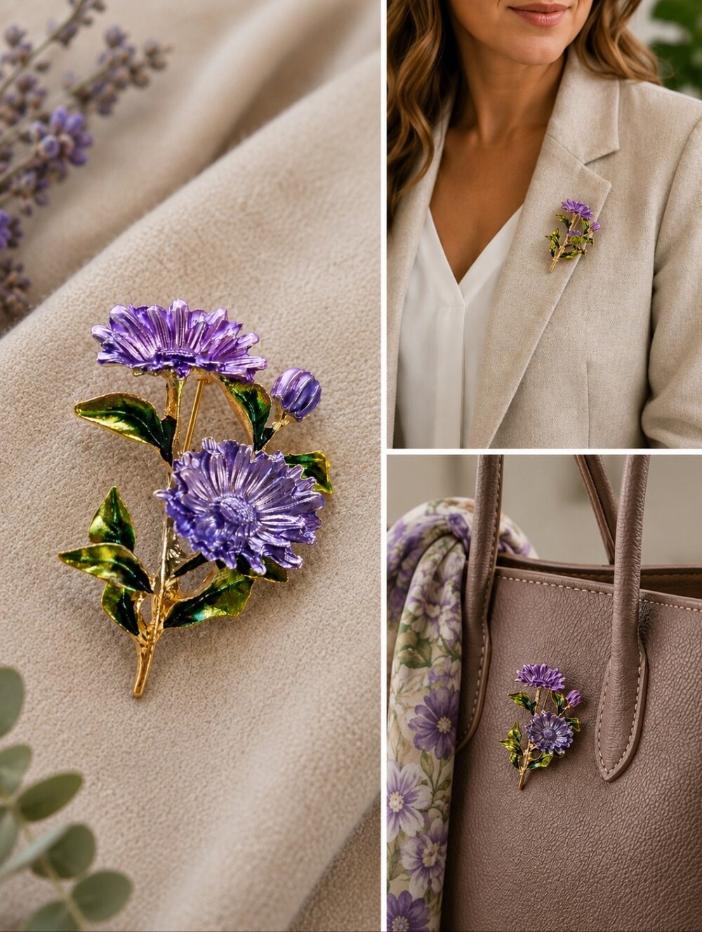 Purple Floral Enamel Brooch - Elegant Flower Pin for Women